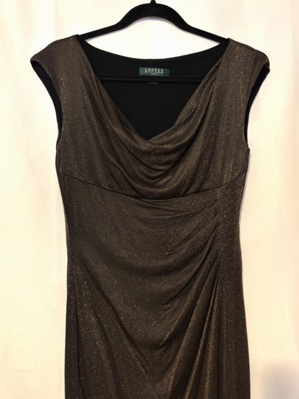 Ralph Lauren Bronze Metallic Shimmer Cowl Neck Sheath Dress Size 6